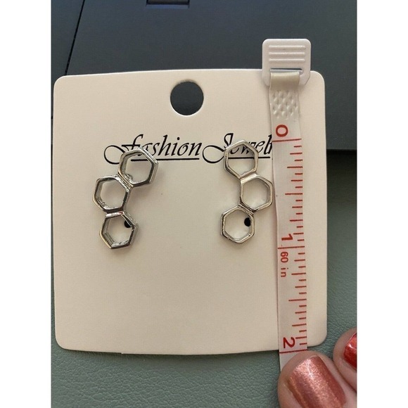 Geometric Hexagon Silver Tone Stud Earrings - Picture 8 of 9